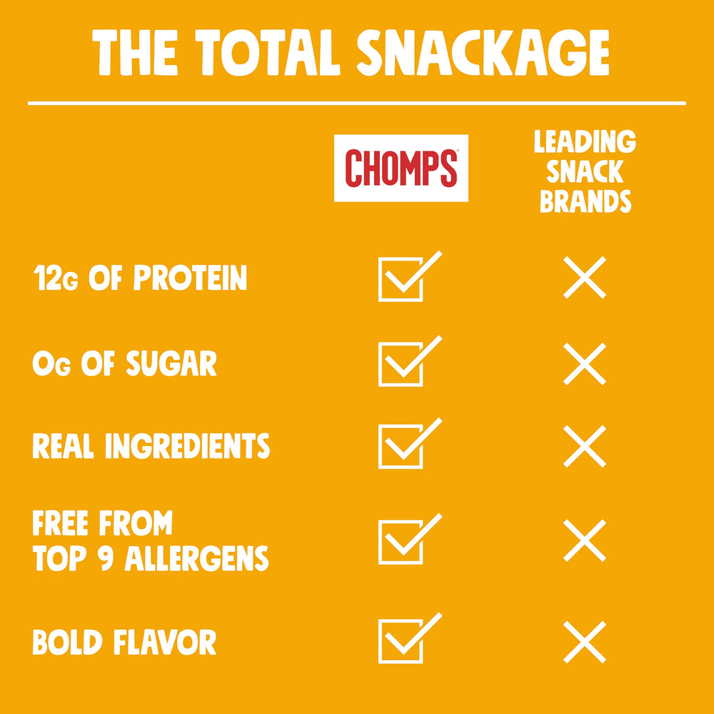 Hand holding Chomps stick to show portable size and instant protein boost