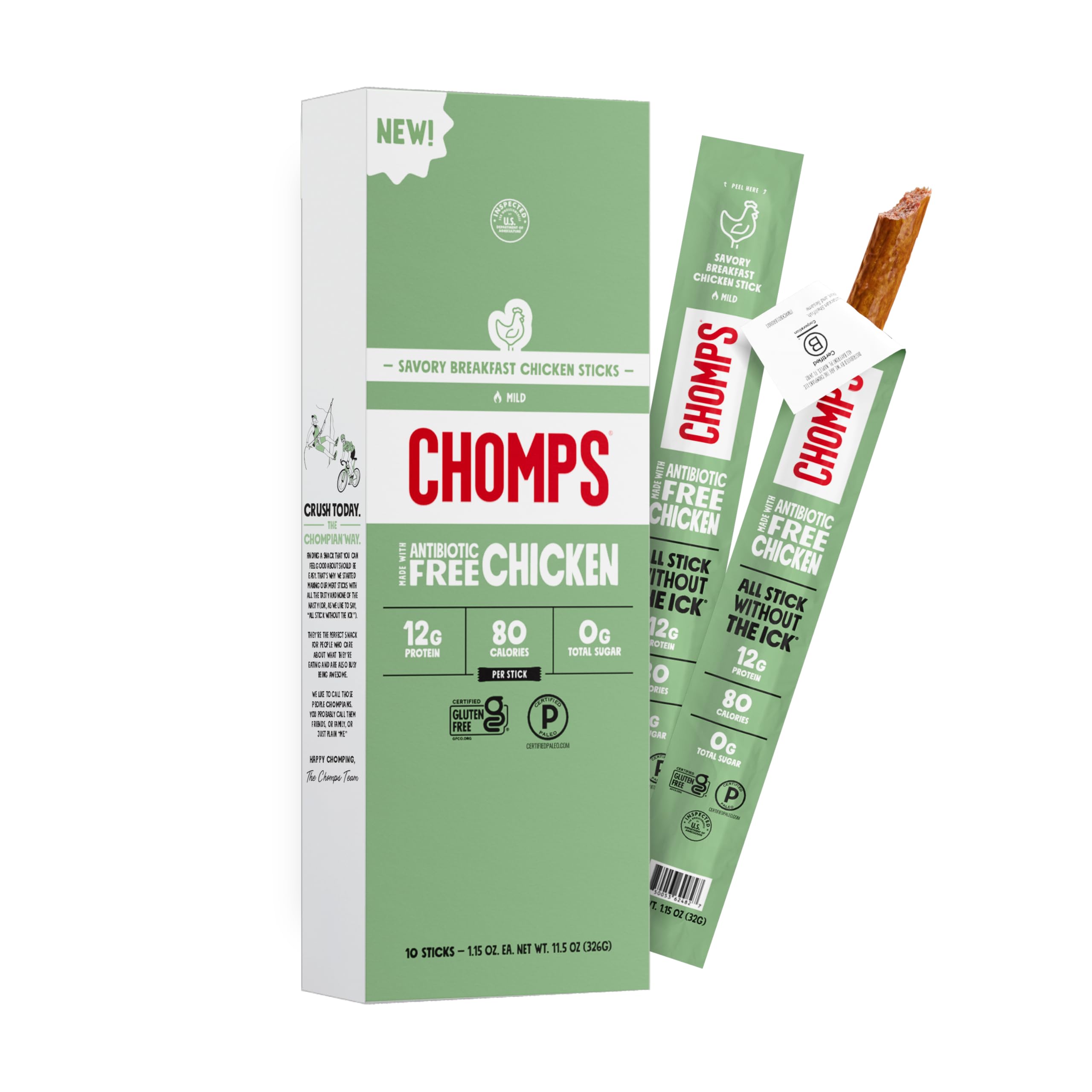 Chomps front packaging showing 10ct stick pack and clear branding for quick identification