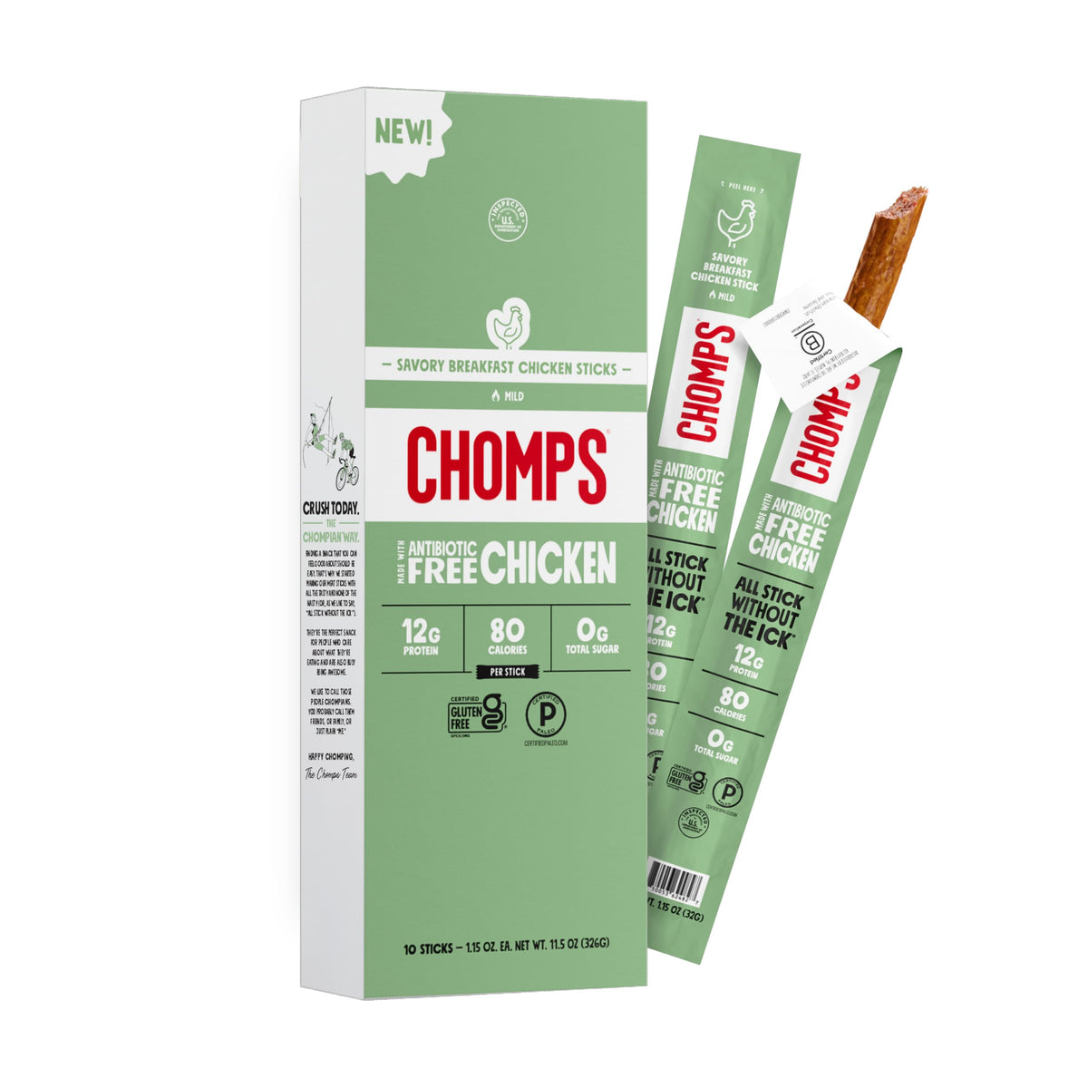 Chomps front packaging showing 10ct stick pack and clear branding for quick identification