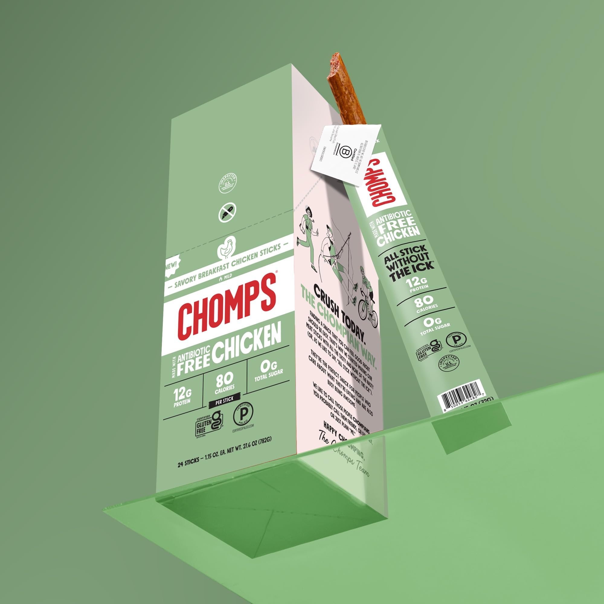 Chomps stick beside morning coffee demonstrating breakfast-flavored, on-the-go enjoyment