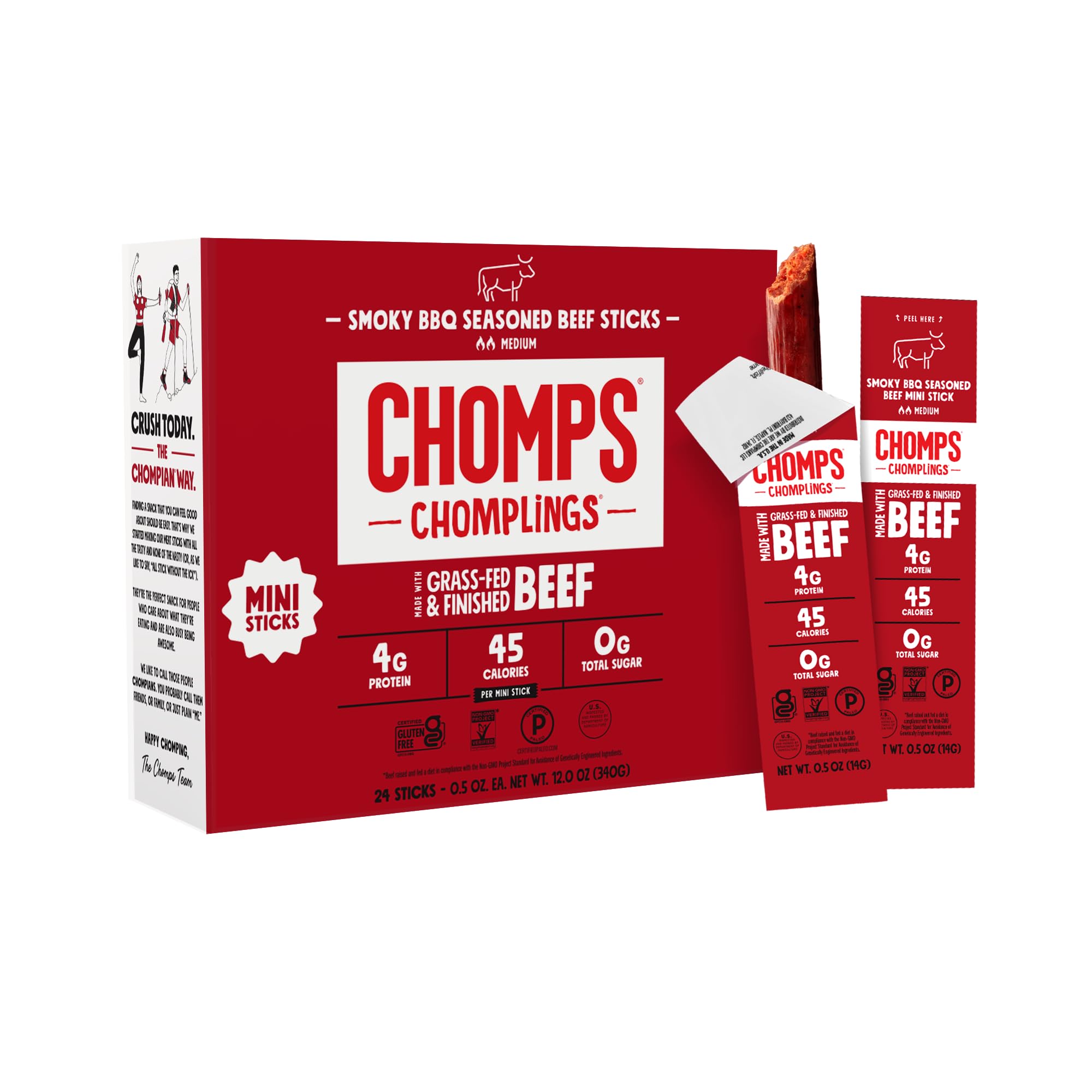 Chomps front packaging showing 24ct pack and label, easy pantry identification and convenience