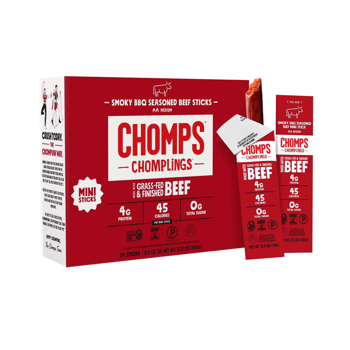 Chomps front packaging showing 24ct pack and label, easy pantry identification and convenience