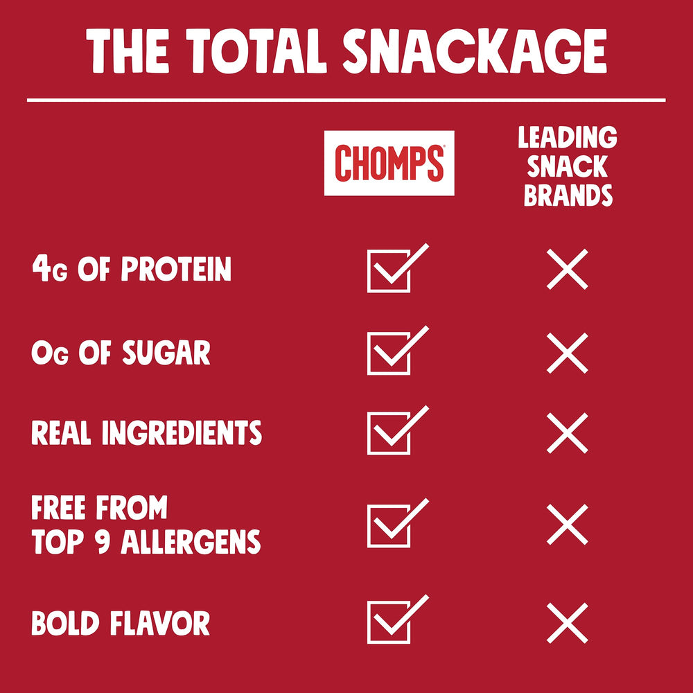 Open pack with multiple Chomps sticks on a table, suggests quick snack accessibility