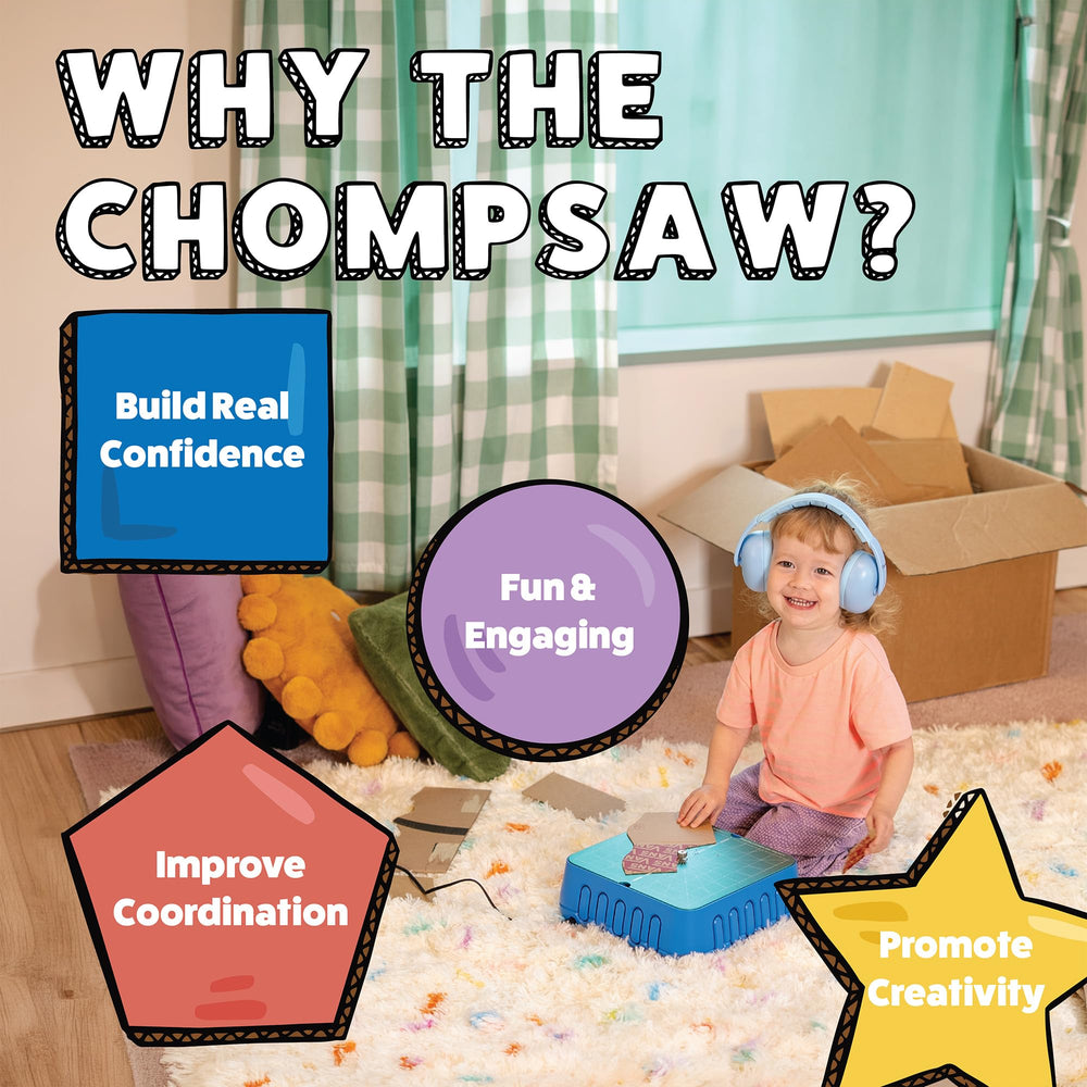 CHOMPSHOP ChompSaw next to an adult hand to show compact size and child suitability