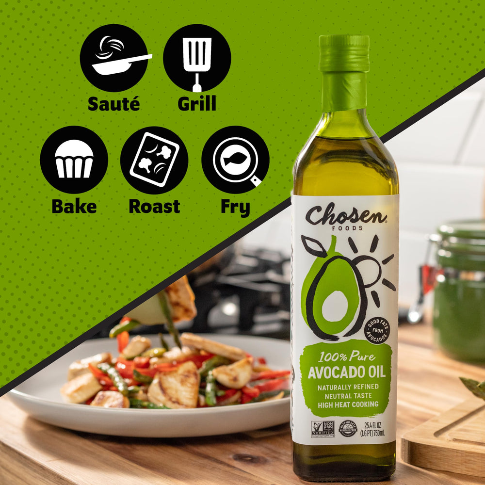 Chosen Foods 1 liter bottle held in hand showing true size and convenience