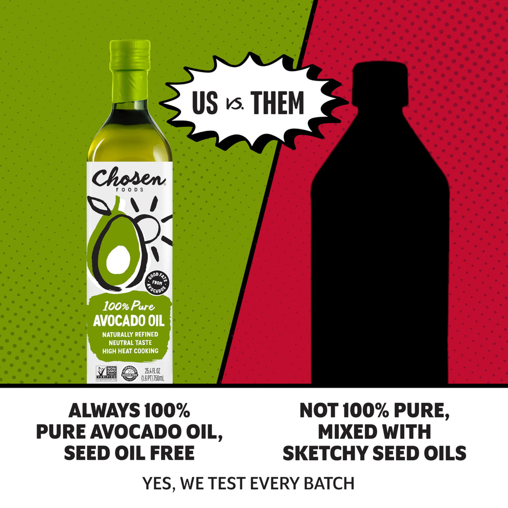 Chosen Foods avocado oil texture in glass highlighting neutral flavor benefit