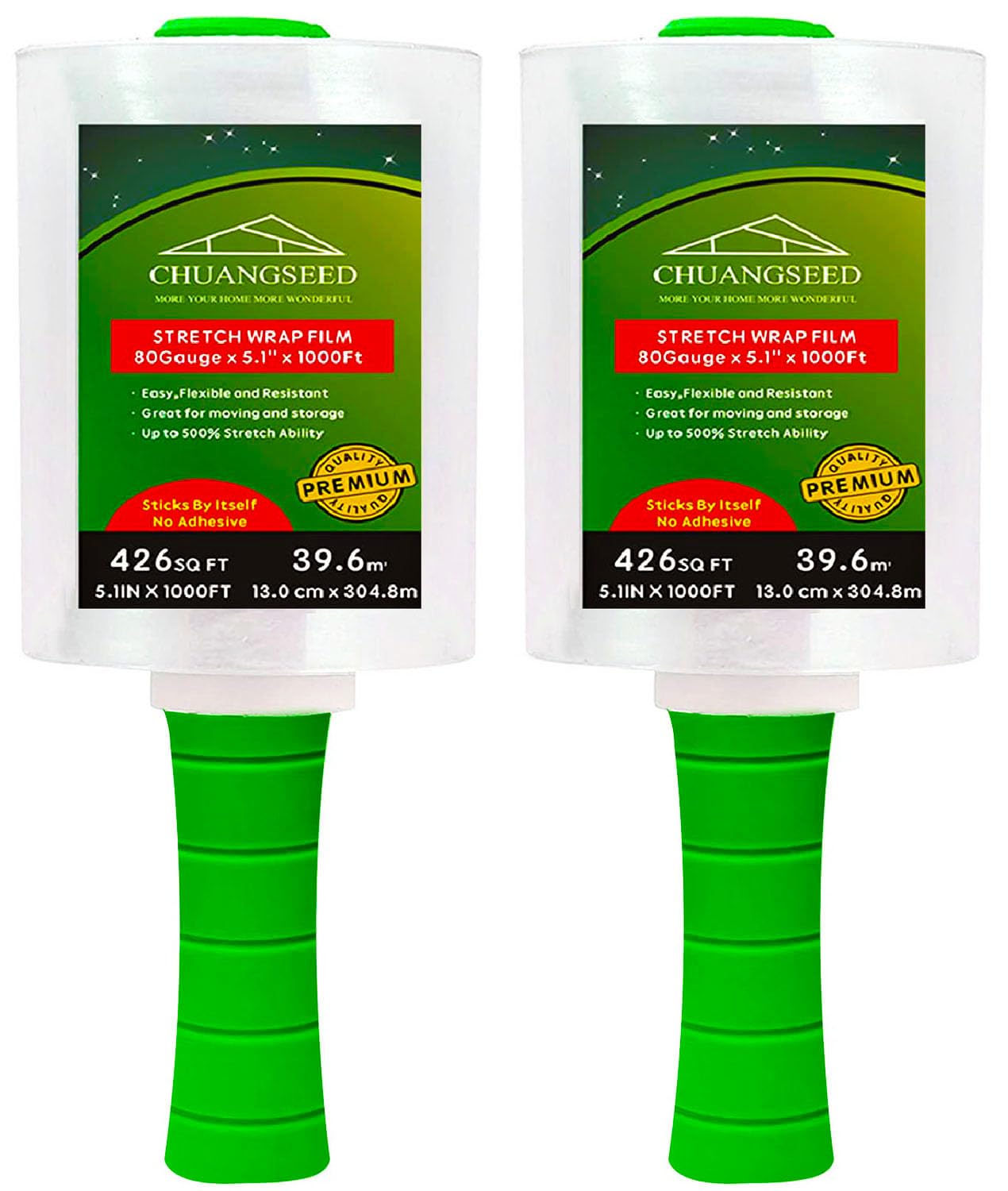 CHUANGSEED front view of 2-pack clear stretch wrap showing packaging and labeling, fast identification benefit