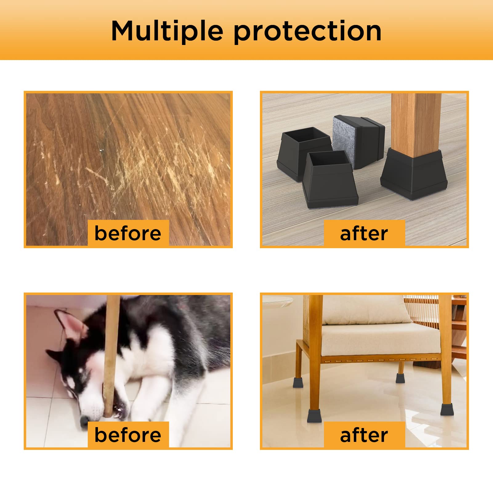 CHWM installed on dining chairs in room protecting hardwood and reducing chair noise