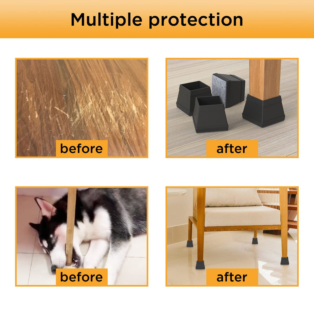 CHWM installed on dining chairs in room protecting hardwood and reducing chair noise