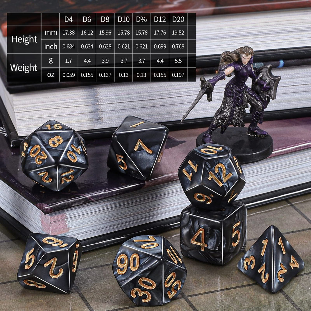 CiaraQ dice lined up by set illustrating complete 7-piece groups for every player
