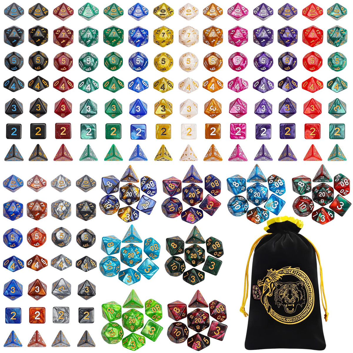 CiaraQ front packaging showing 26 colorful dice sets and pouch for easy gifting