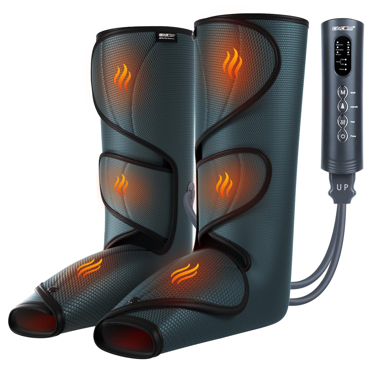 CINCOM front view of leg massager showing full wrap for soothing compression