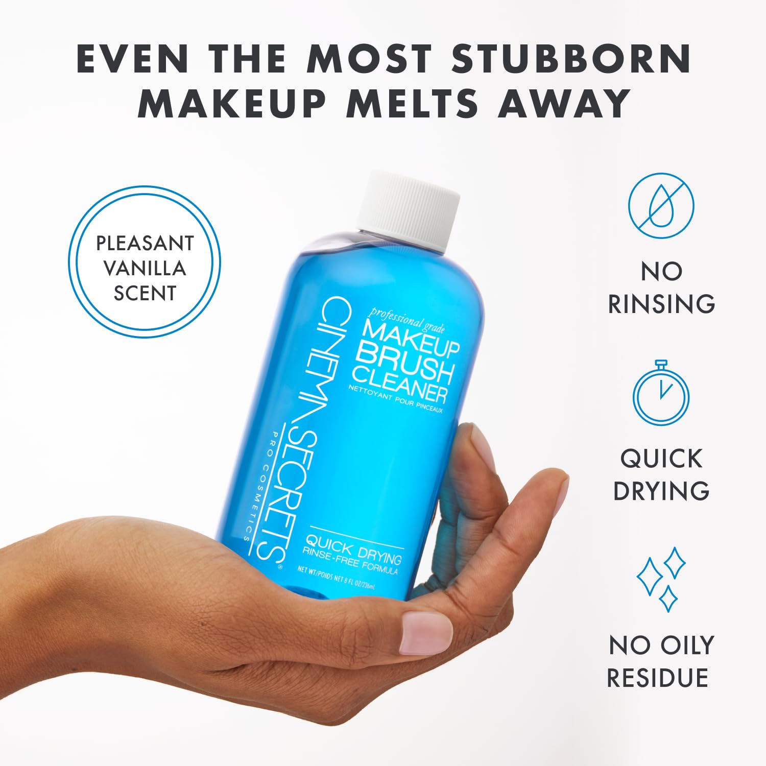 Cinema Secrets brush dipping into solution demonstrating fast makeup removal benefit