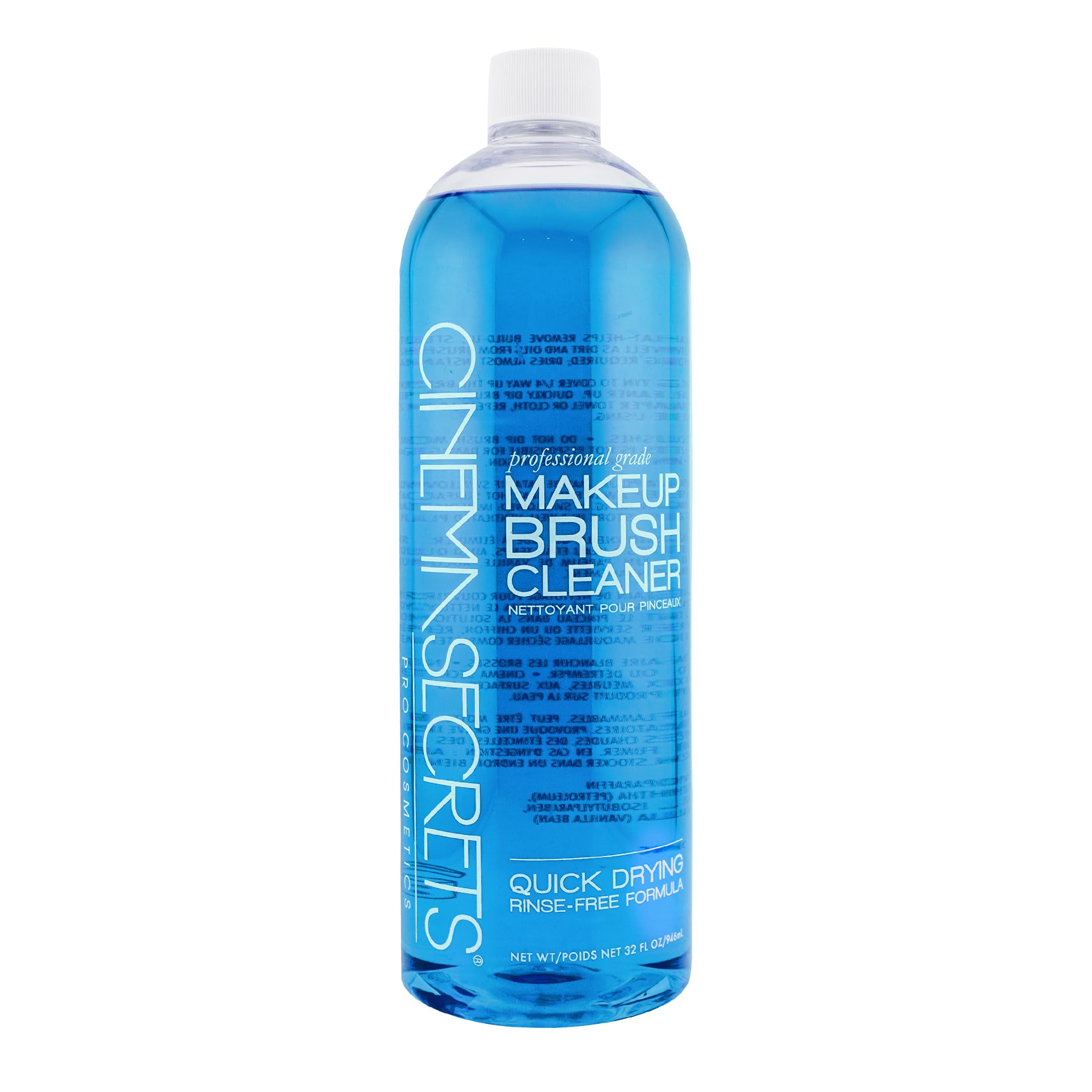 Cinema Secrets front bottle showing blue vanilla cleaner and quick-dry benefit
