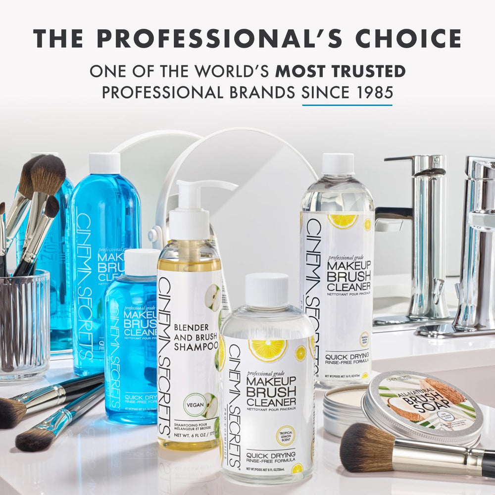 Cinema Secrets bottle on makeup station showing studio-ready, water-saving use