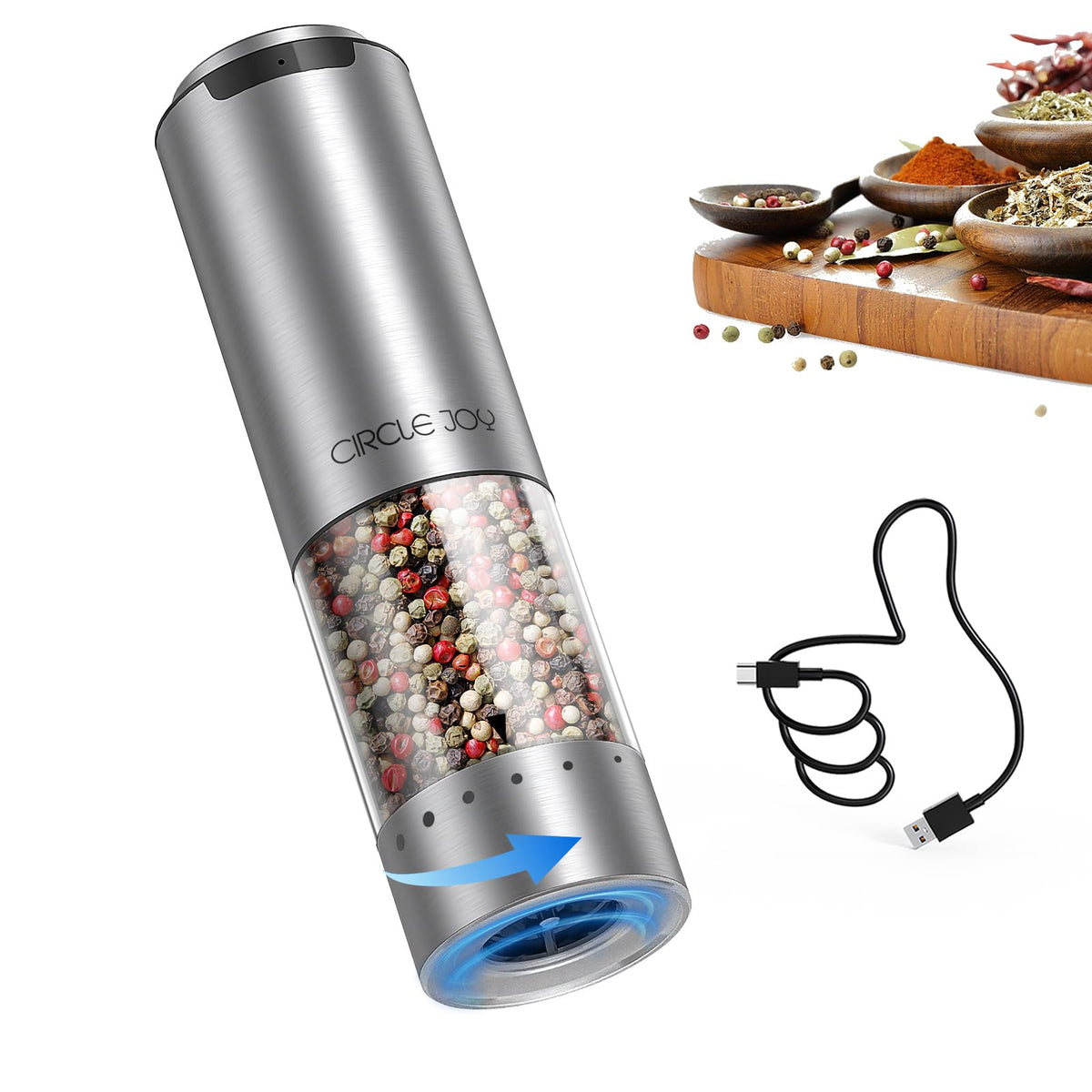 CIRCLE JOY front view stainless steel grinder showing sleek design and durability