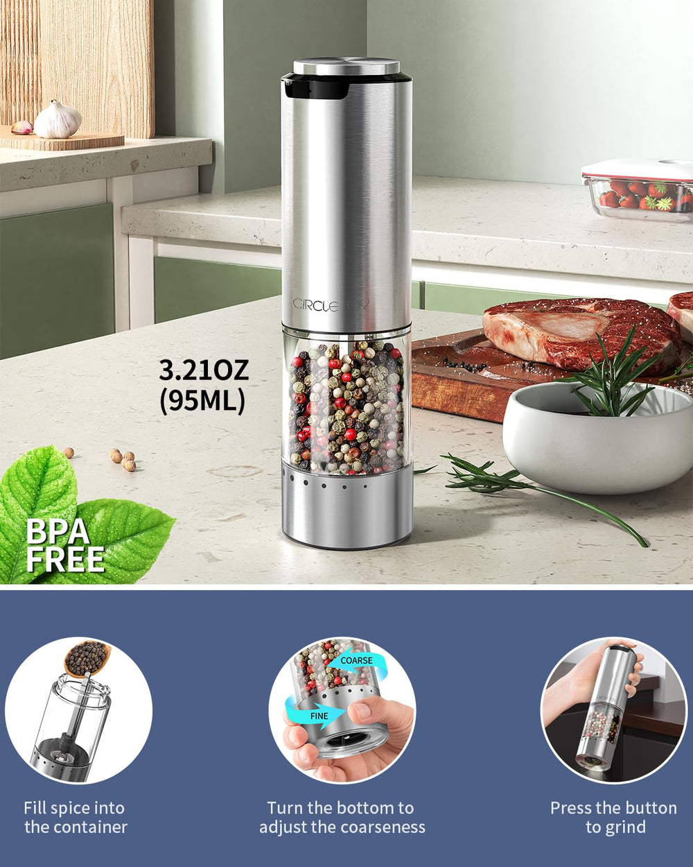 CIRCLE JOY next to a measuring cup showing 95ml capacity for fewer refills