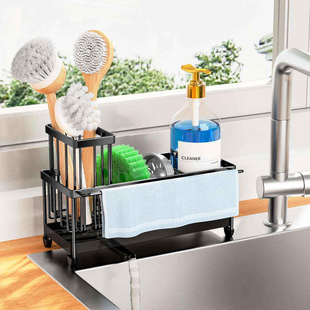 Cisily front view of sink caddy keeping tools organized and saving counter space
