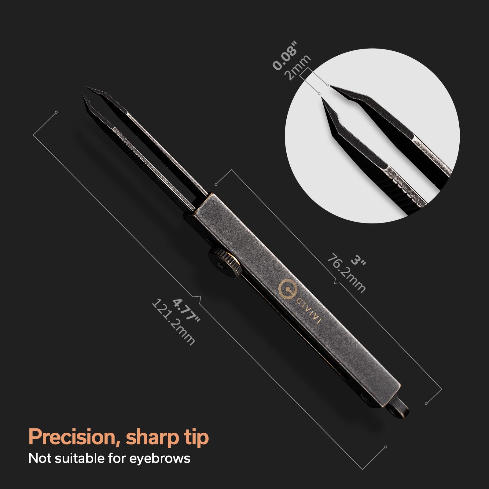 CIVIVI tweezers scale next to ruler showing 3-inch closed compact size