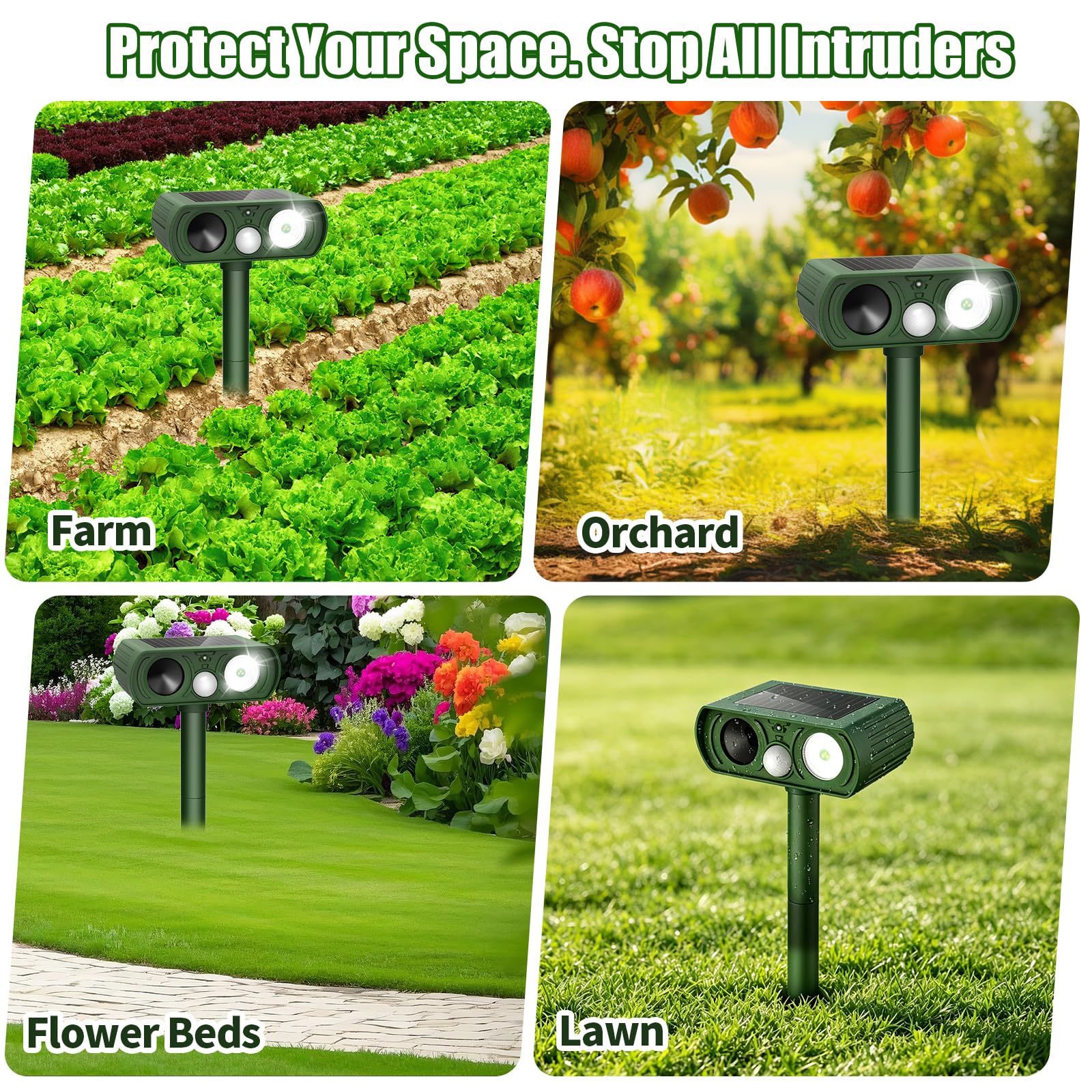 CKCOEO LED and speaker detail delivering visual and ultrasonic deterrent