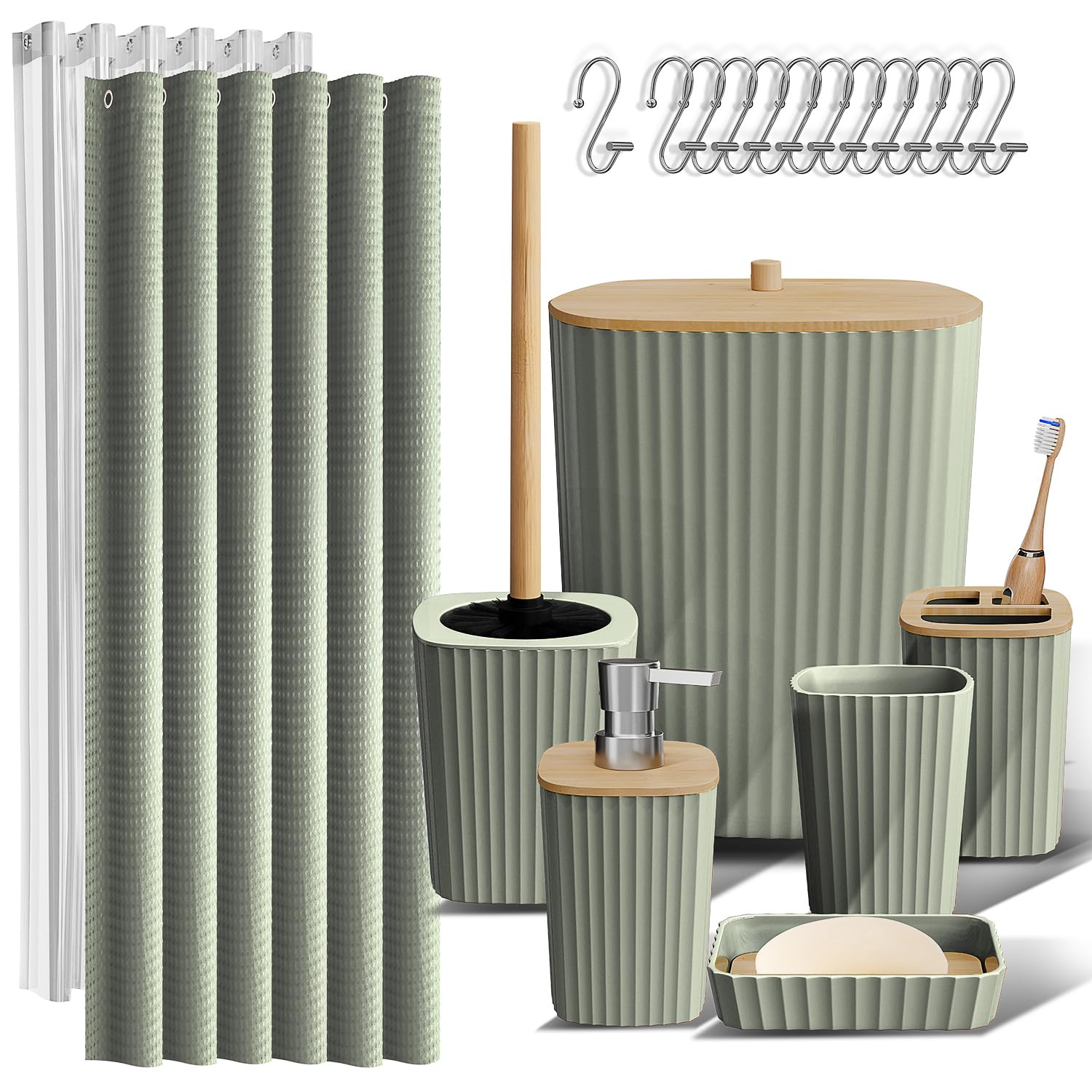 Clara Clark front view of the complete sage green bathroom set showing components and benefits