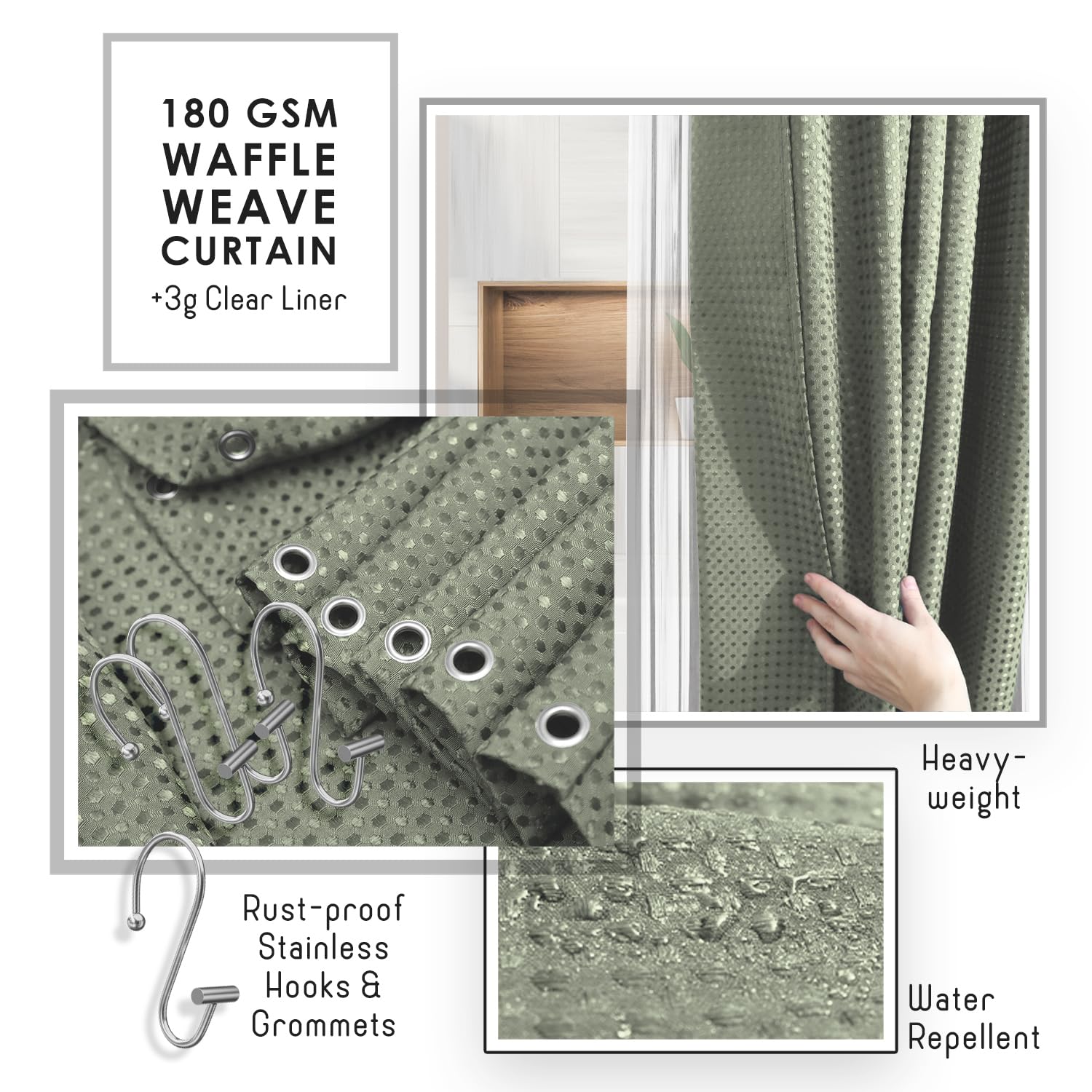 Clara Clark styled bathroom scene with sage green accessories creating a calm coordinated look