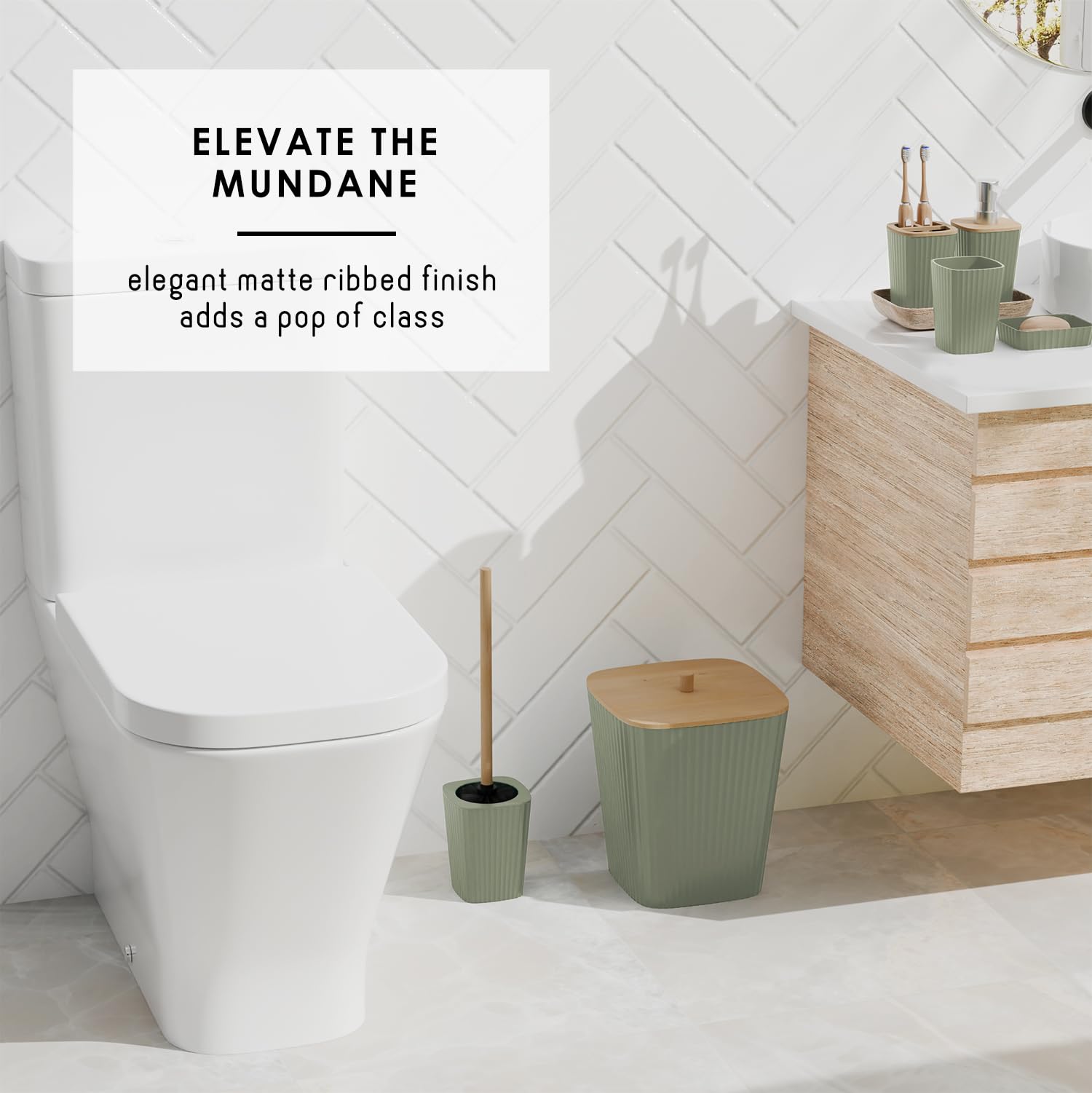 Clara Clark trash can beside toilet brush staged to show compact cleaning and waste solution
