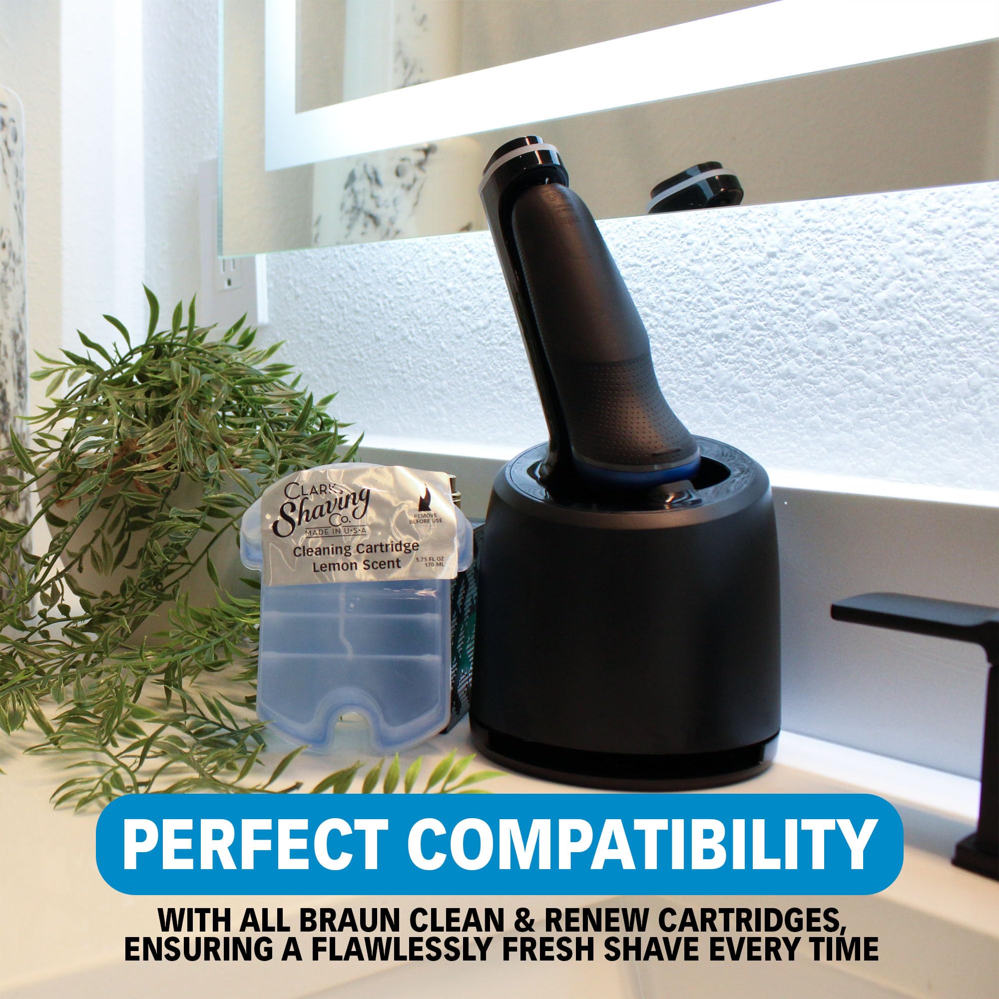 Clark Shaving Co. cleaning result with electric shaver docked and blades renewed