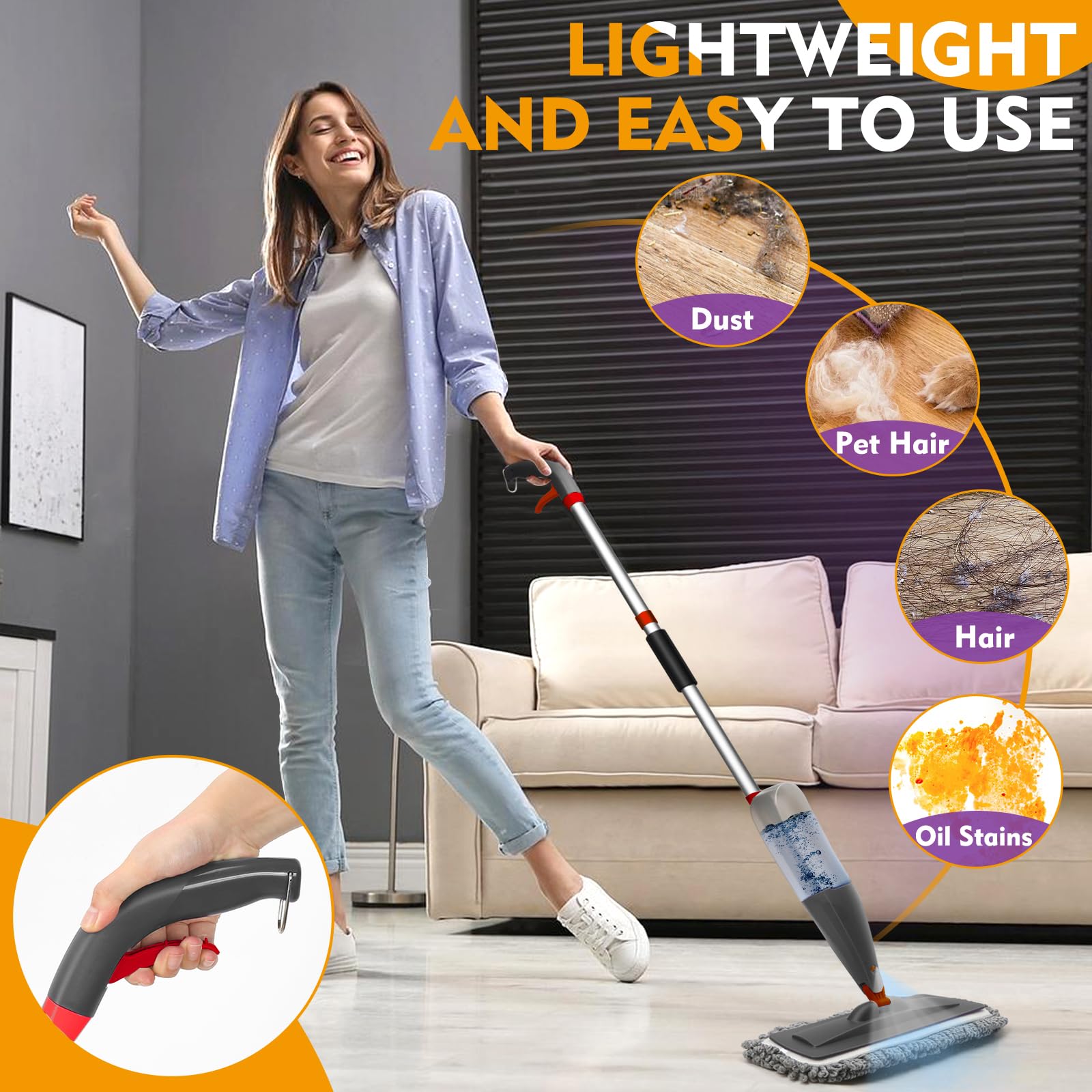 CLDREAM spray mop in use on hardwood demonstrating streak-free cleaning