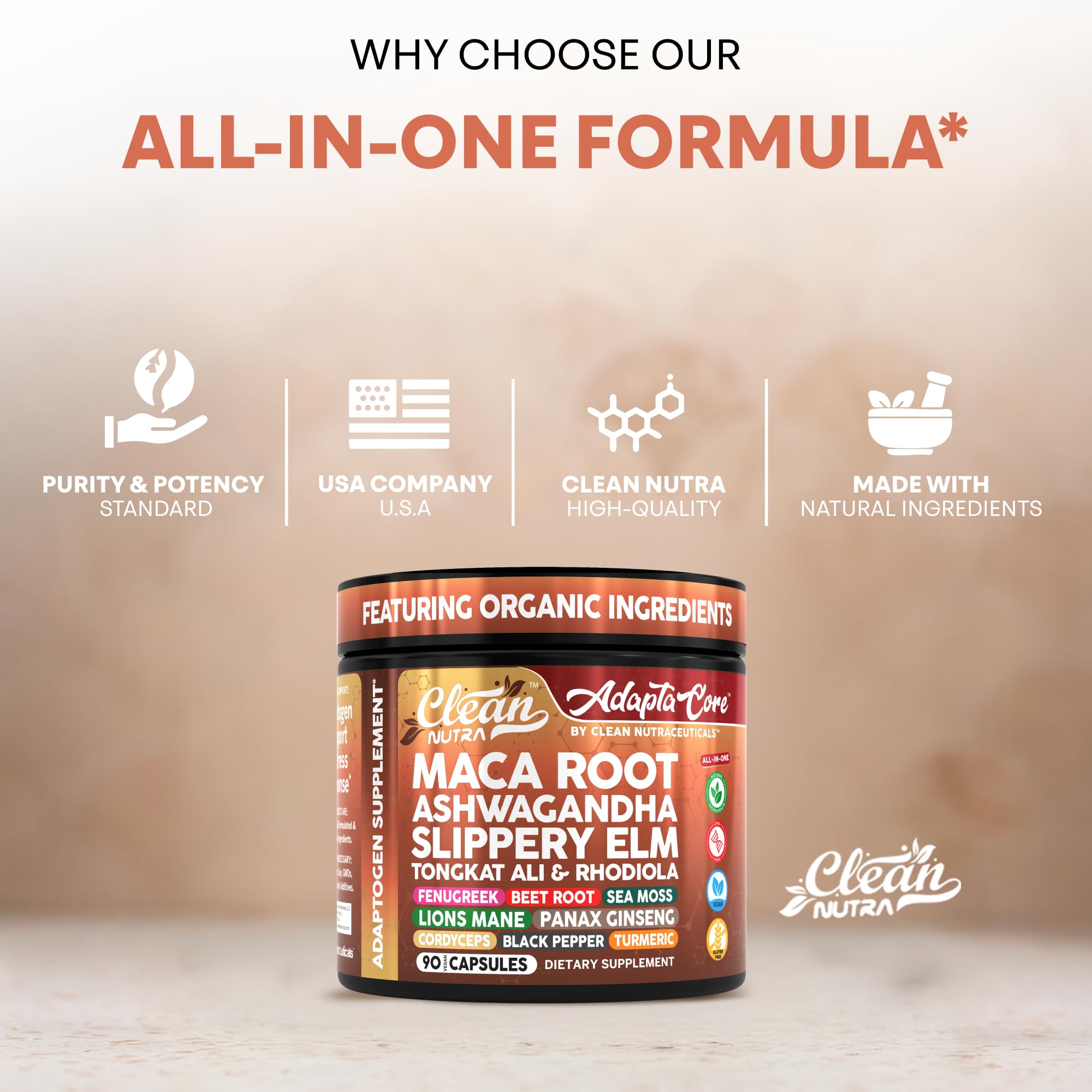 Clean Nutraceuticals bottle placed on wooden counter evoking natural supplement lifestyle