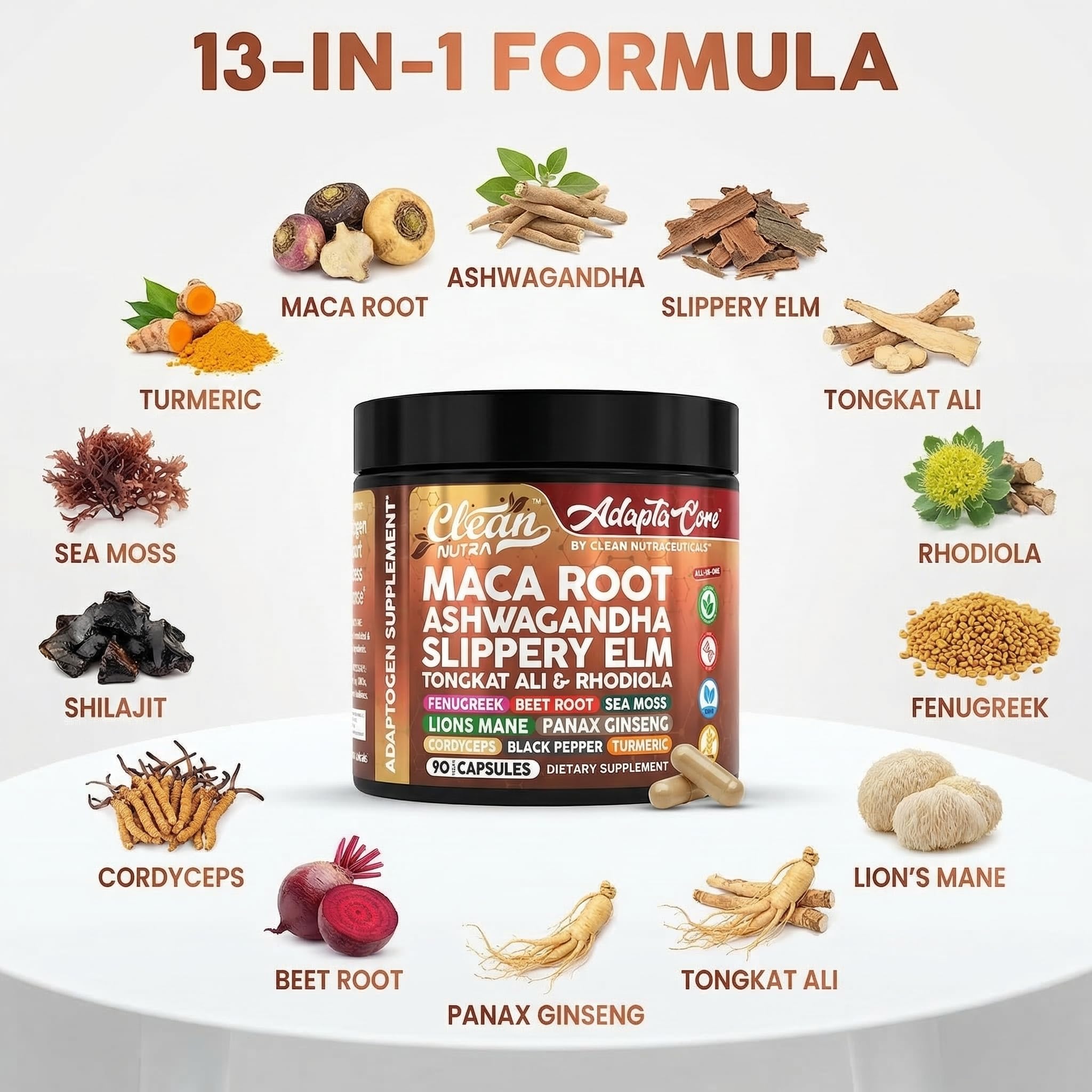 Arrangement of maca, ashwagandha, sea moss and beet root illustrating Clean Nutraceuticals ingredients