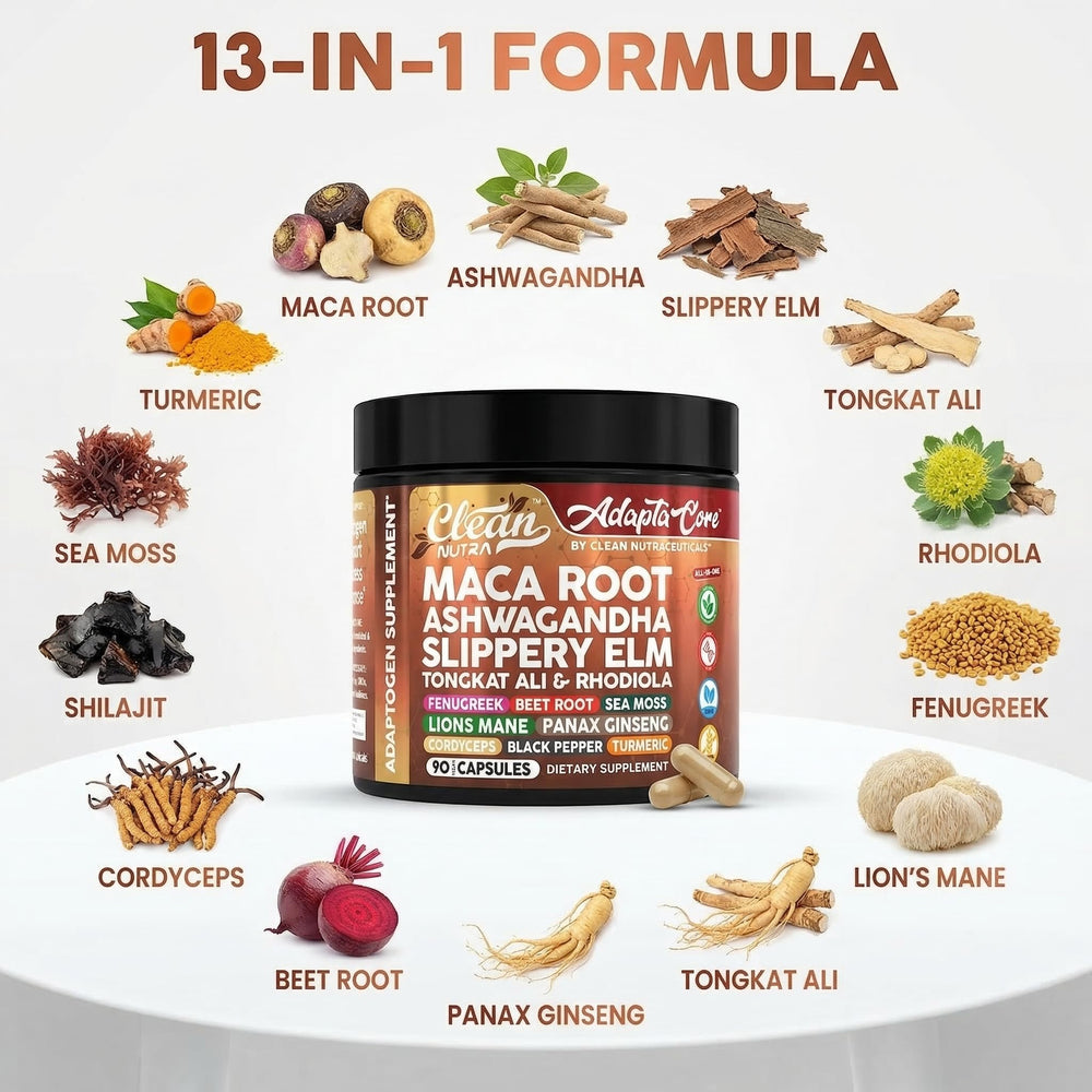 Arrangement of maca, ashwagandha, sea moss and beet root illustrating Clean Nutraceuticals ingredients