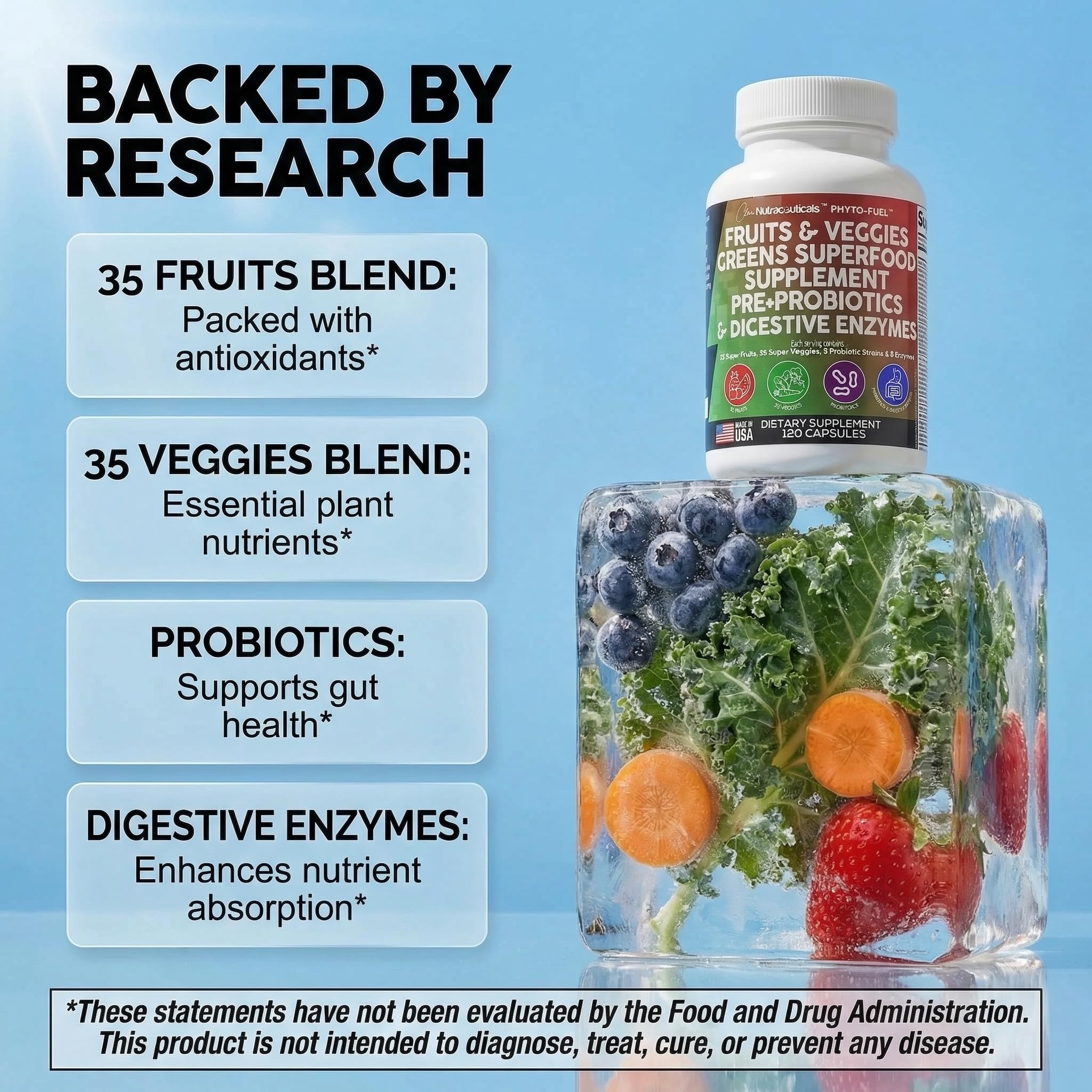 Arrangement of fruits, vegetables, spirulina and chlorella next to bottle, shows ingredient variety benefit