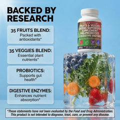 Arrangement of fruits, vegetables, spirulina and chlorella next to bottle, shows ingredient variety benefit