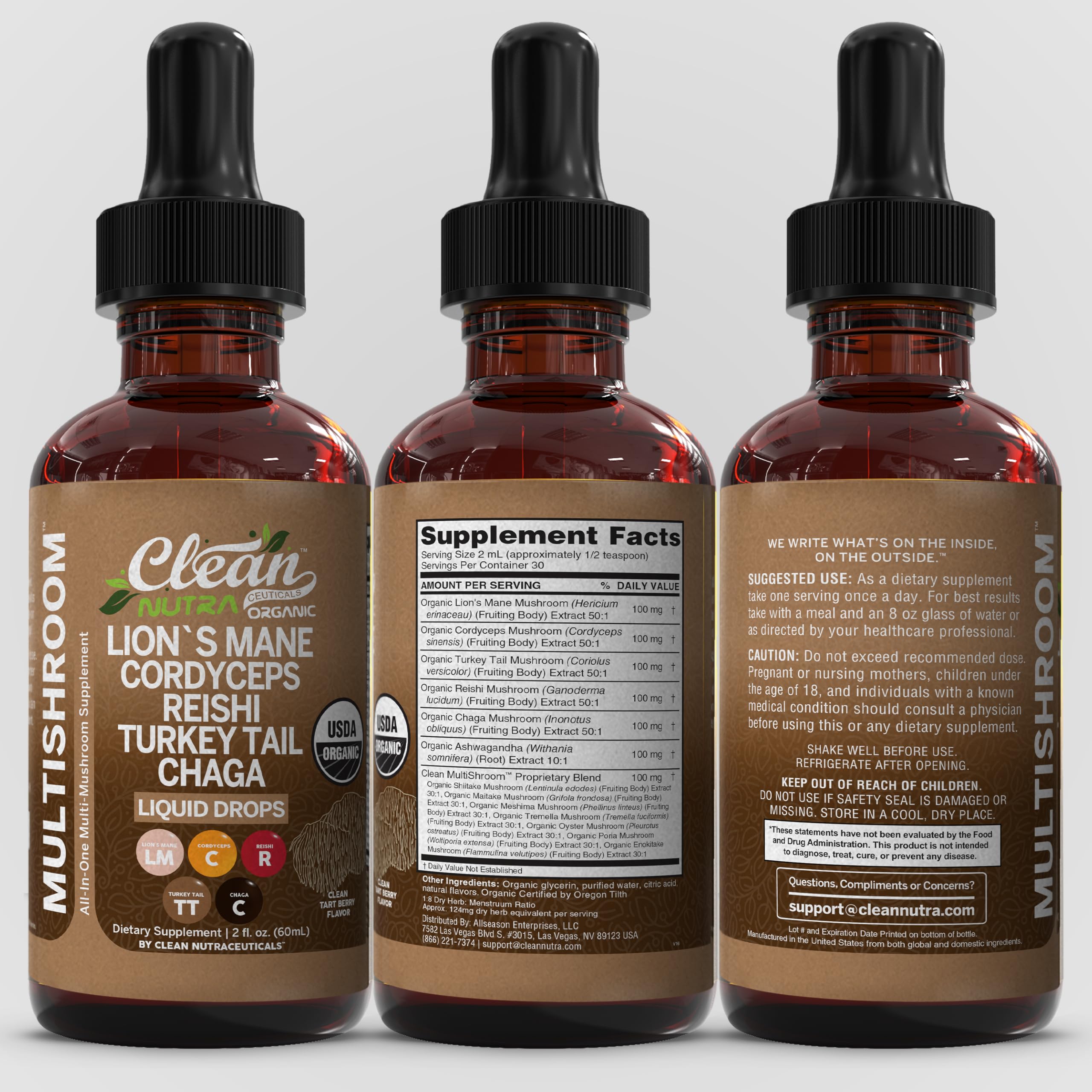 Clean Nutraceuticals opened packaging revealing bottle and dropper contents