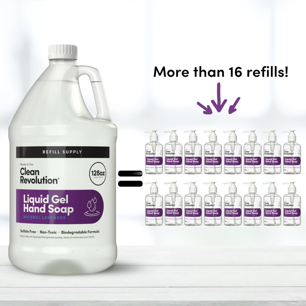 Clean Revolution 128 oz next to smaller bottle for size comparison and refill convenience