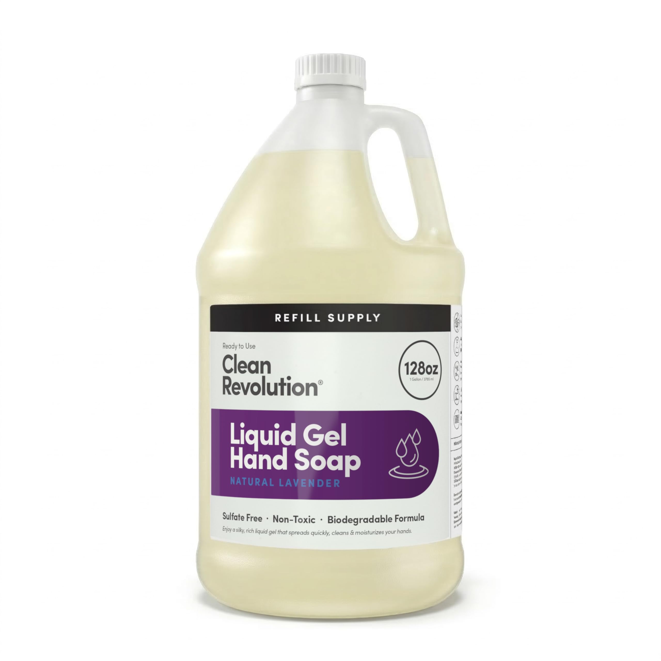 Clean Revolution front label on 128 fl oz lavender refill bottle showing brand and scent benefits