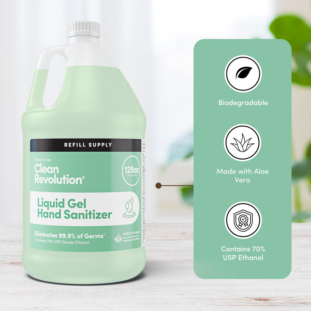 Clean Revolution gallon next to water bottle showing scale and value