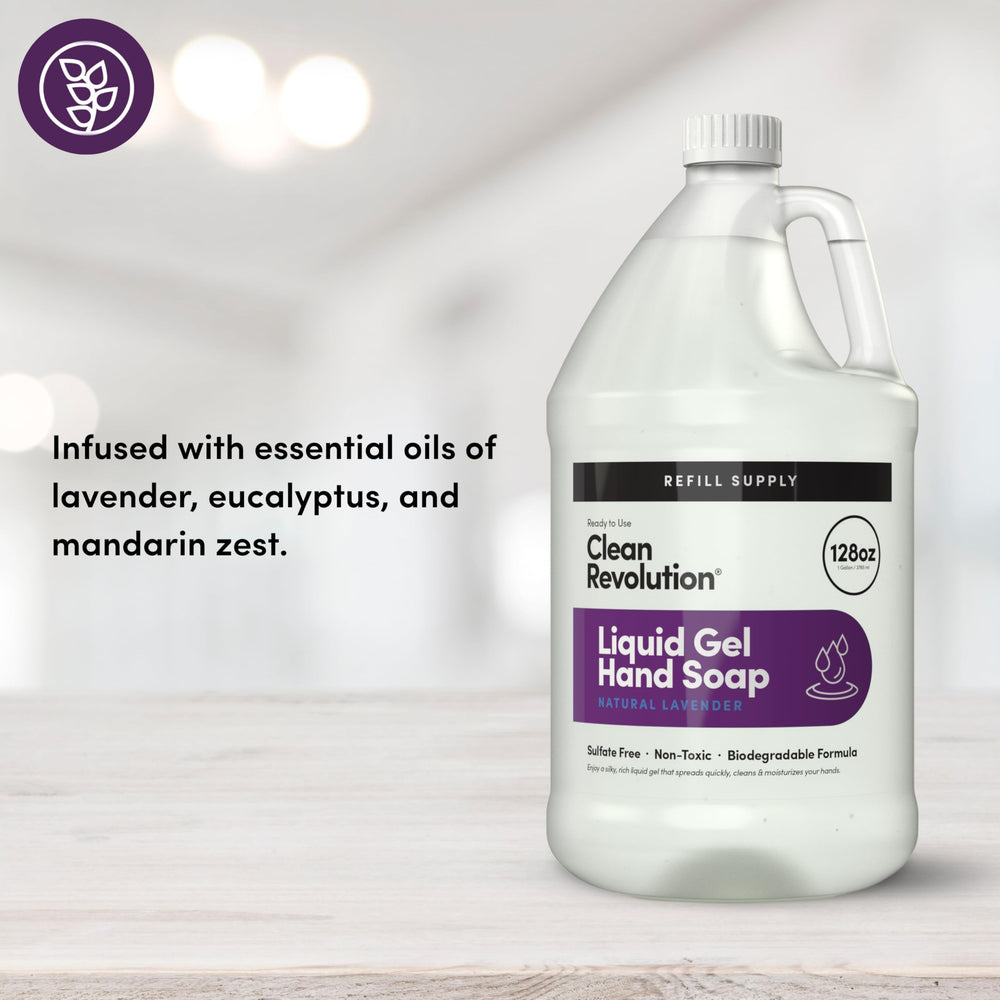 Pouring Clean Revolution lavender gel from a 128 oz refill to refill dispensers for less waste