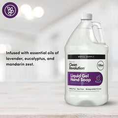 Pouring Clean Revolution lavender gel from a 128 oz refill to refill dispensers for less waste