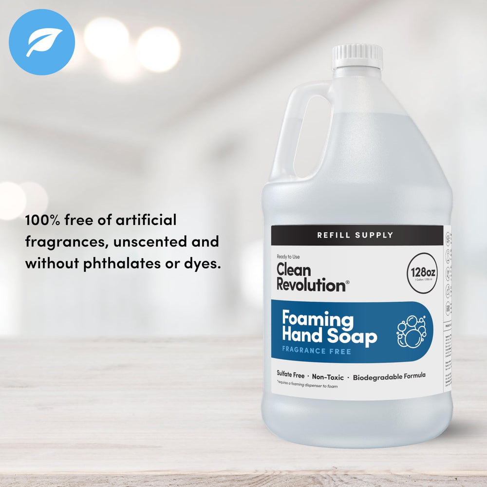 Clean Revolution pouring refill into a foaming dispenser for quick, no-mix convenience