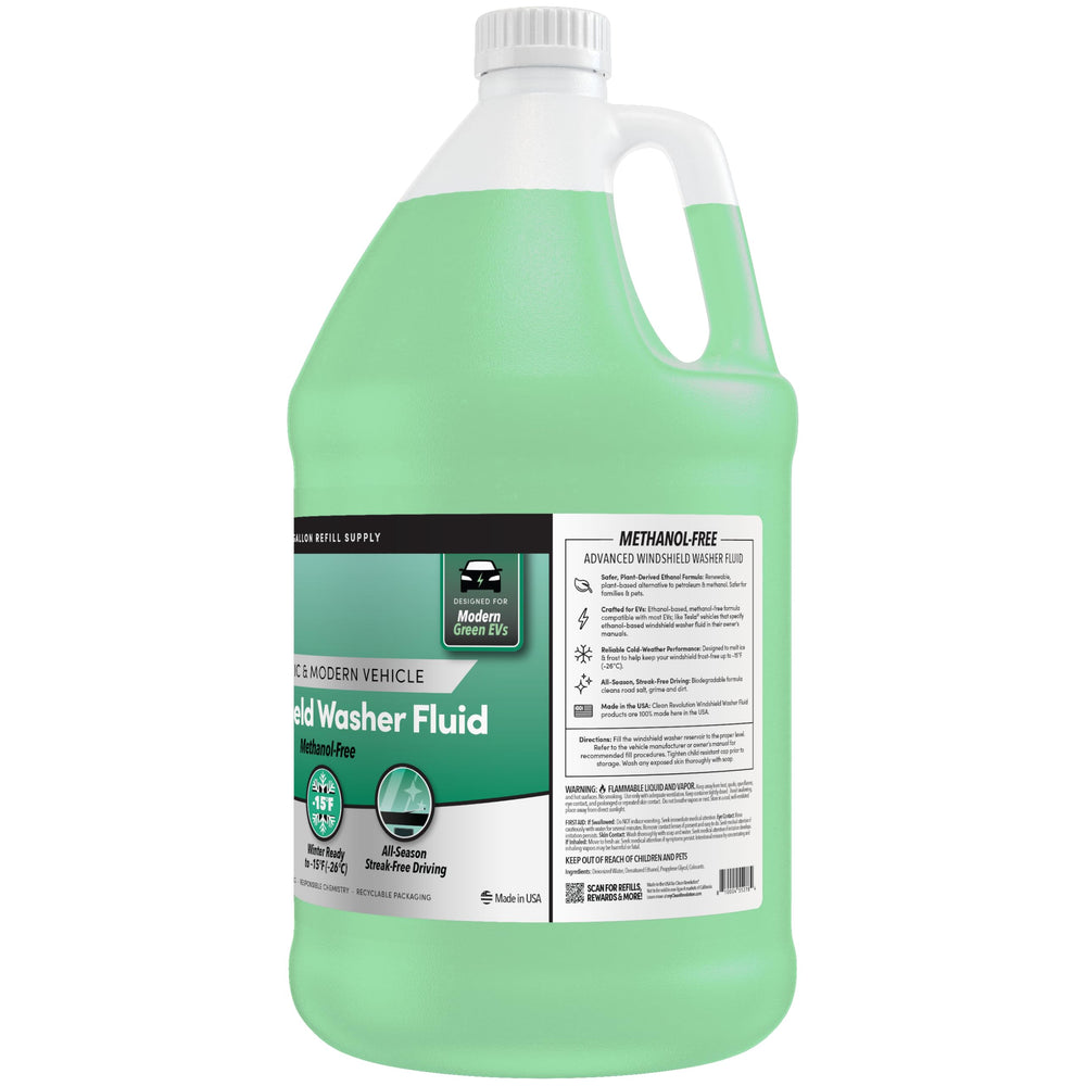 Clean Revolution pouring into vehicle washer reservoir for easy refill