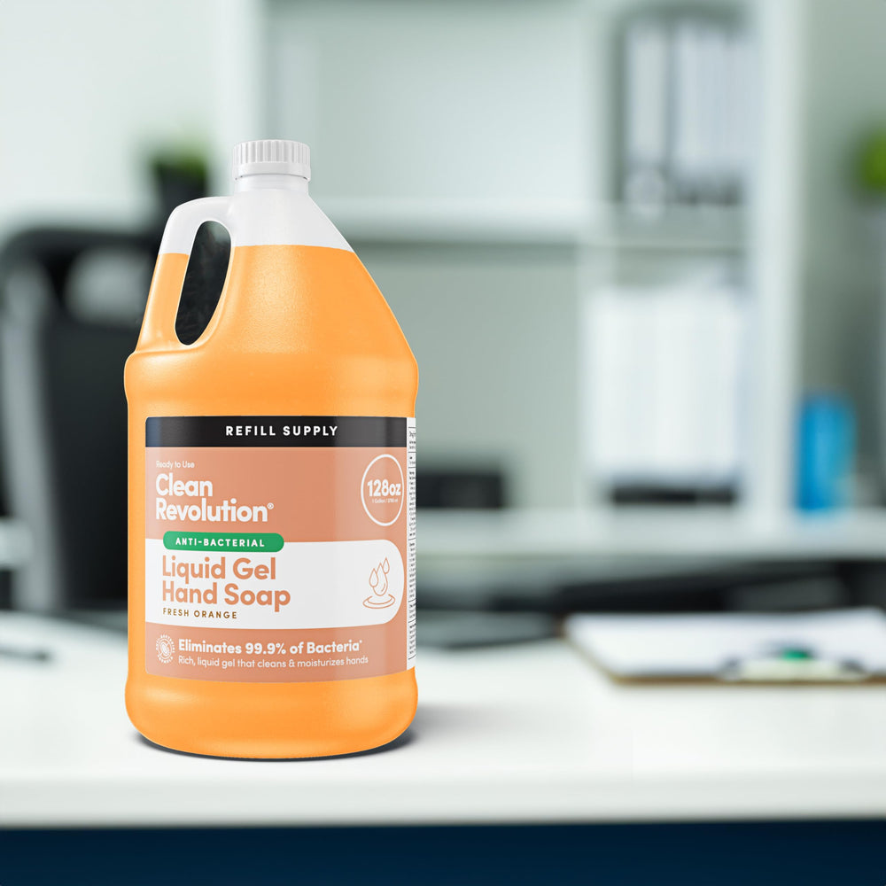 Clean Revolution being poured into a pump dispenser refill reducing single-use bottles and waste