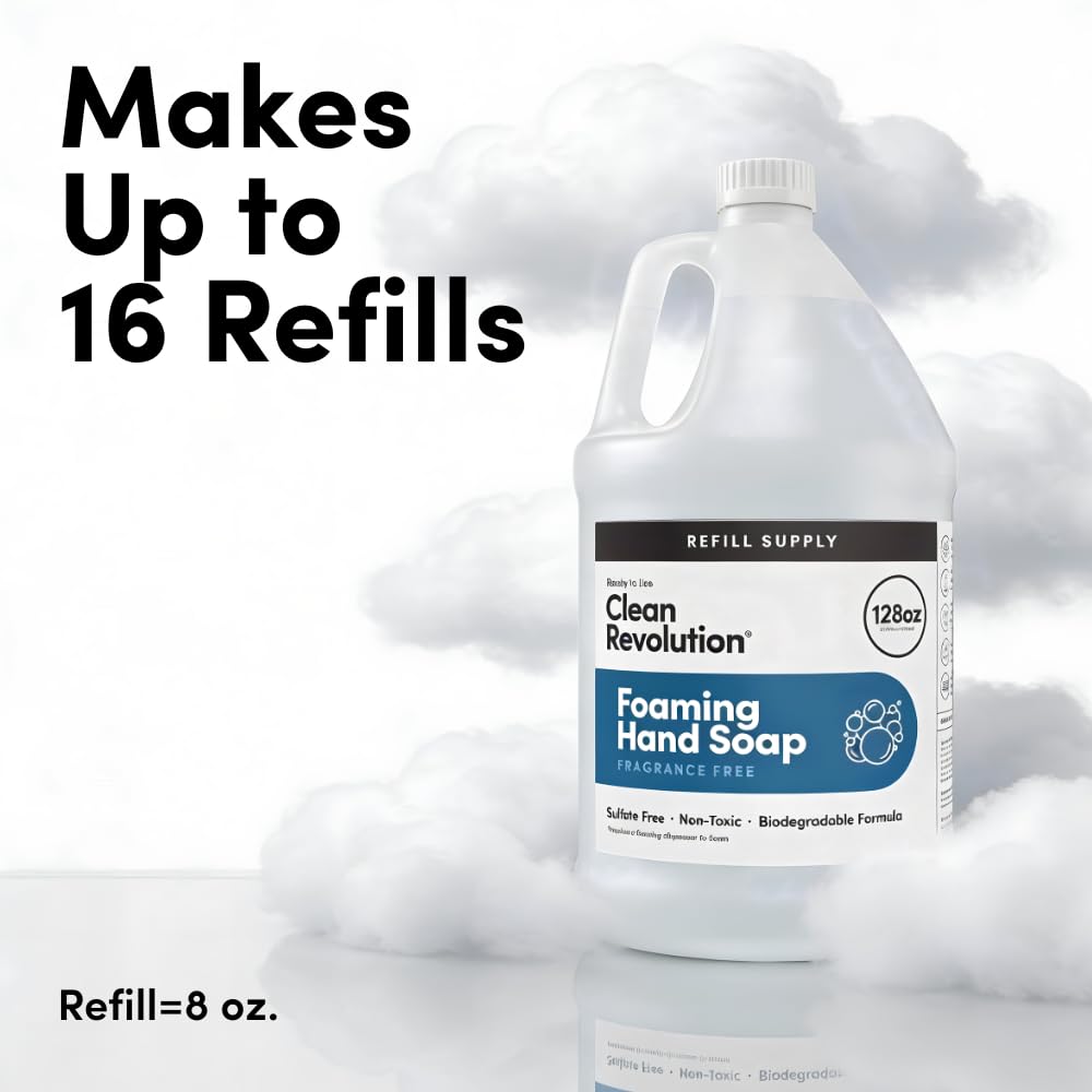 Clean Revolution gallon beside a hand for scale emphasizing value and longevity