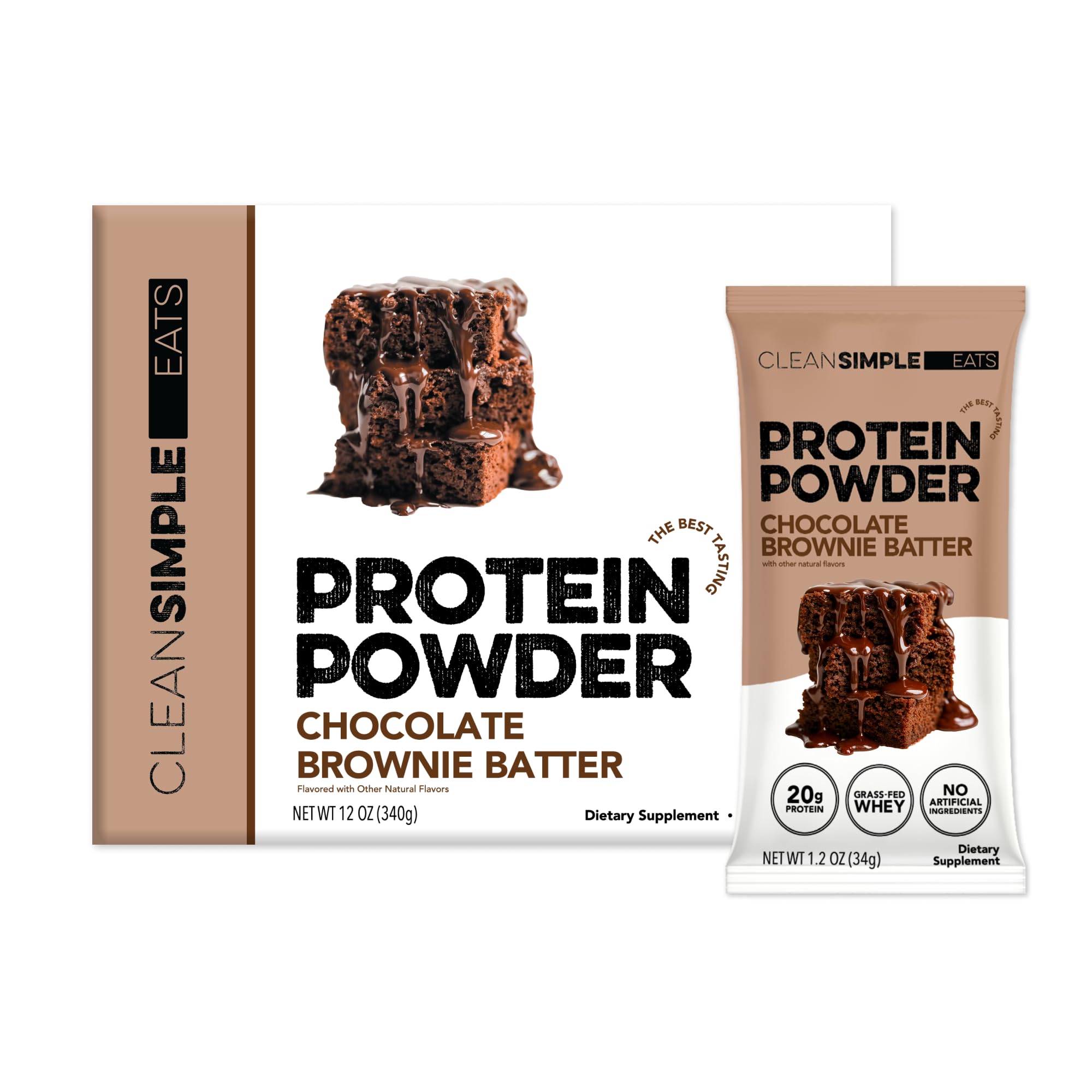 Clean Simple Eats front packaging showing brownie batter flavor and single-serve convenience
