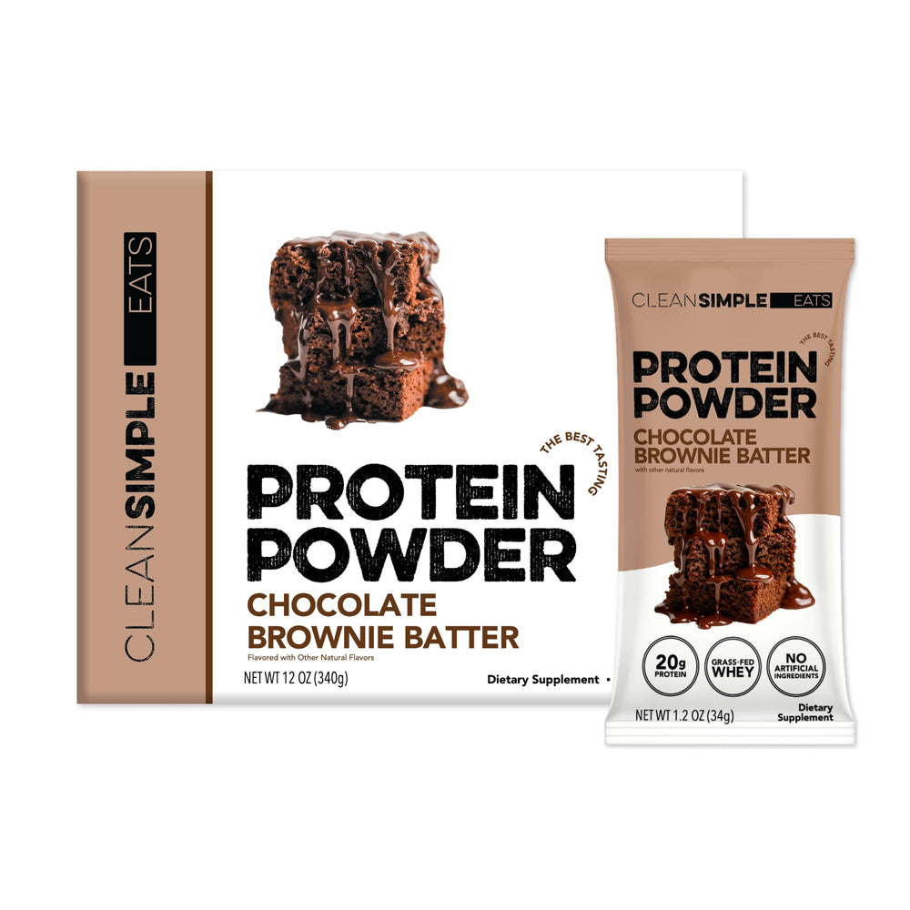 Clean Simple Eats front packaging showing brownie batter flavor and single-serve convenience