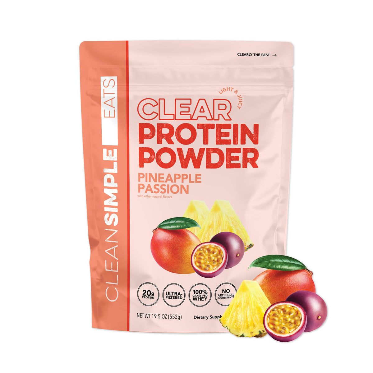 Clean Simple Eats front packaging showing Pineapple Passion flavor and benefits