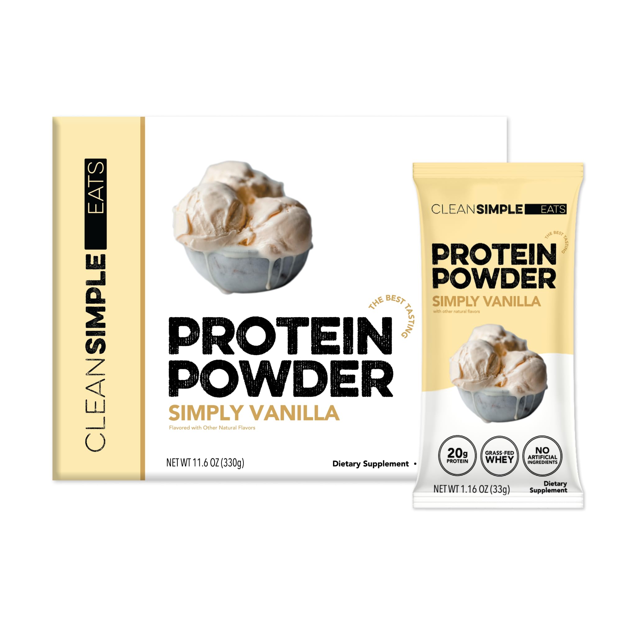 Clean Simple Eats front packaging showing simply vanilla stick packs and benefits