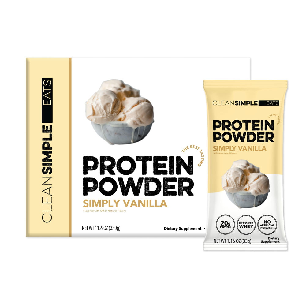 Clean Simple Eats front packaging showing simply vanilla stick packs and benefits