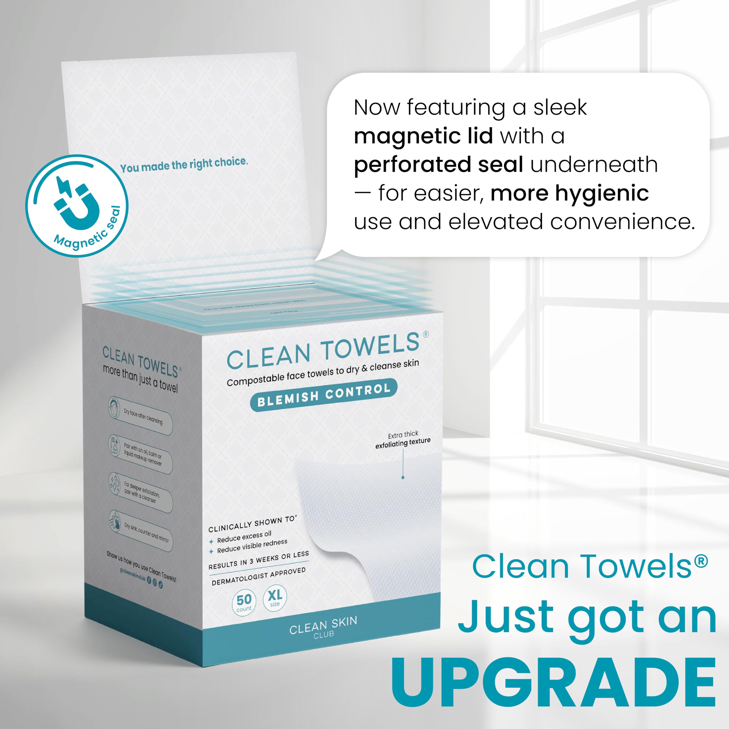 CLEAN SKIN CLUB stacked towels illustrating 50-count convenience and value